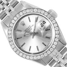 Rolex Ladies Stainless Steel Silver Index Diamond Bezel Date Wristwatch