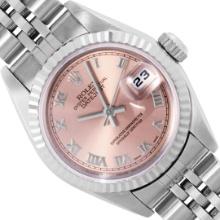 Rolex Ladies Stainless Steel Salmon Roman 18K White Gold Fluted Bezel Datejust