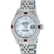 Rolex Ladies Quickset Stainless Steel White Diamond And Ruby 26MM Datejust Wrist