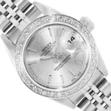 Rolex Ladies Stainless Steel Silver Index Dial 18K White Gold Diamond Bezel Date