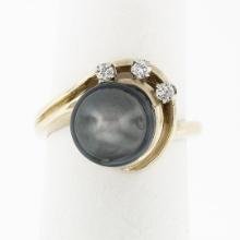 Vintage 14K Yellow Gold Round Diamond Dark Gray Pearl Solitaire Swirl Band Ring