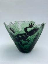 Green Lizard sculpted glass bowl by Santana Art Glass