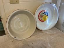 (2) white w/red enamel round wash basins