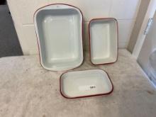 (2) white w/red enamel rectangular wash basins, (1)white w/red enamel casserole