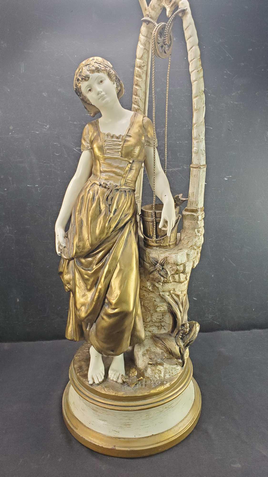 PAIR OF VINTAGE FRENCH STYLE JB HIRSCH FIGURAL CAST METAL MAIDEN TABLE LAMPS WITH LAMPSHADES