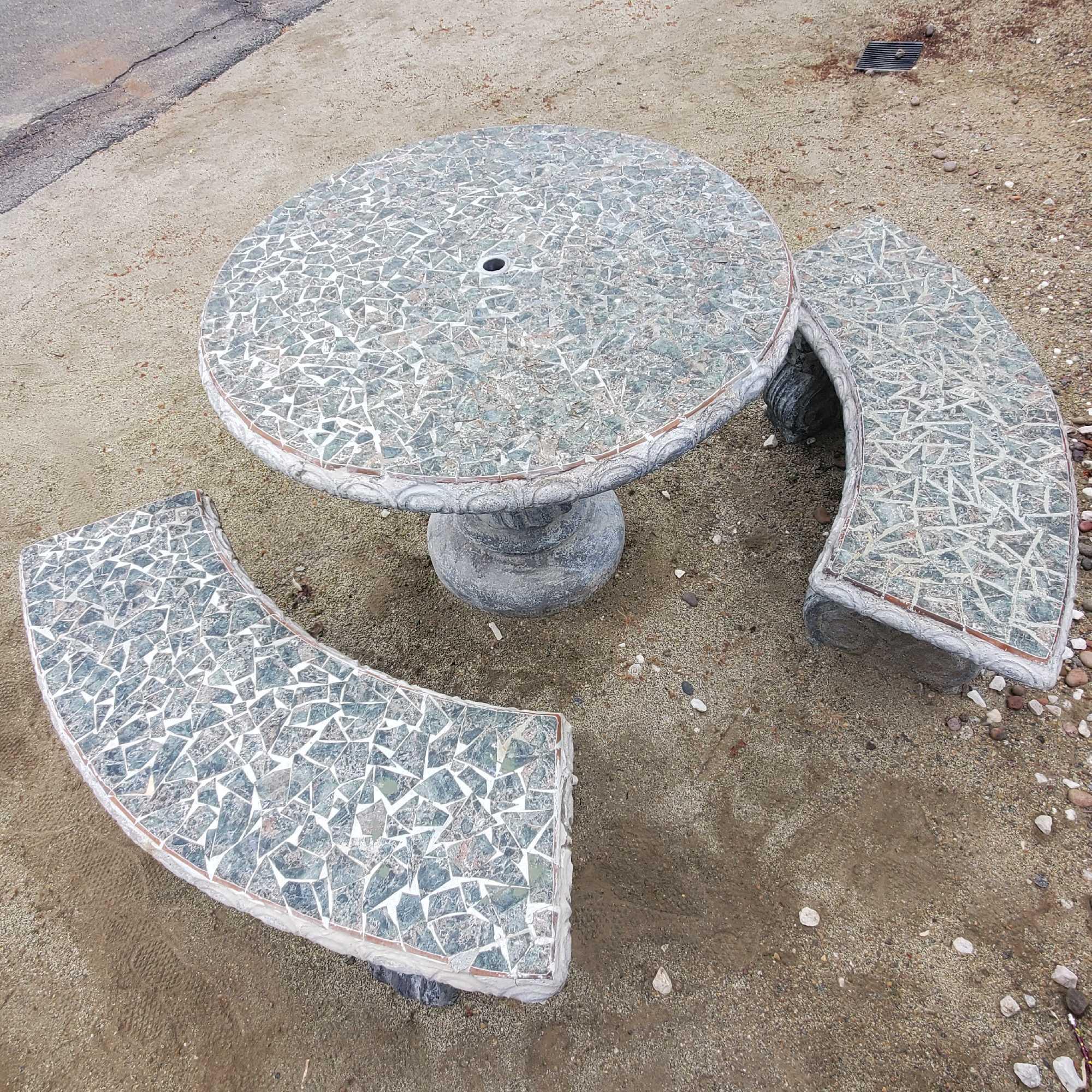 Cement mosaic stone outdoor table and three benches @ farm