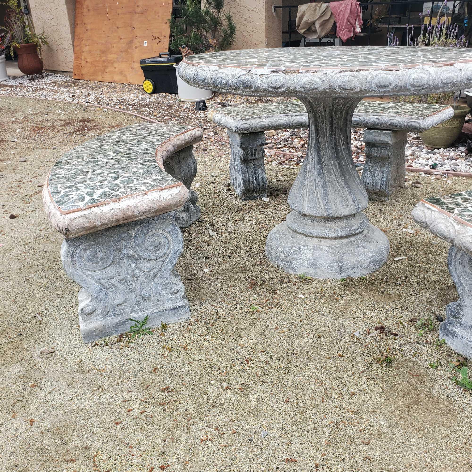 Cement mosaic stone outdoor table and three benches @ farm