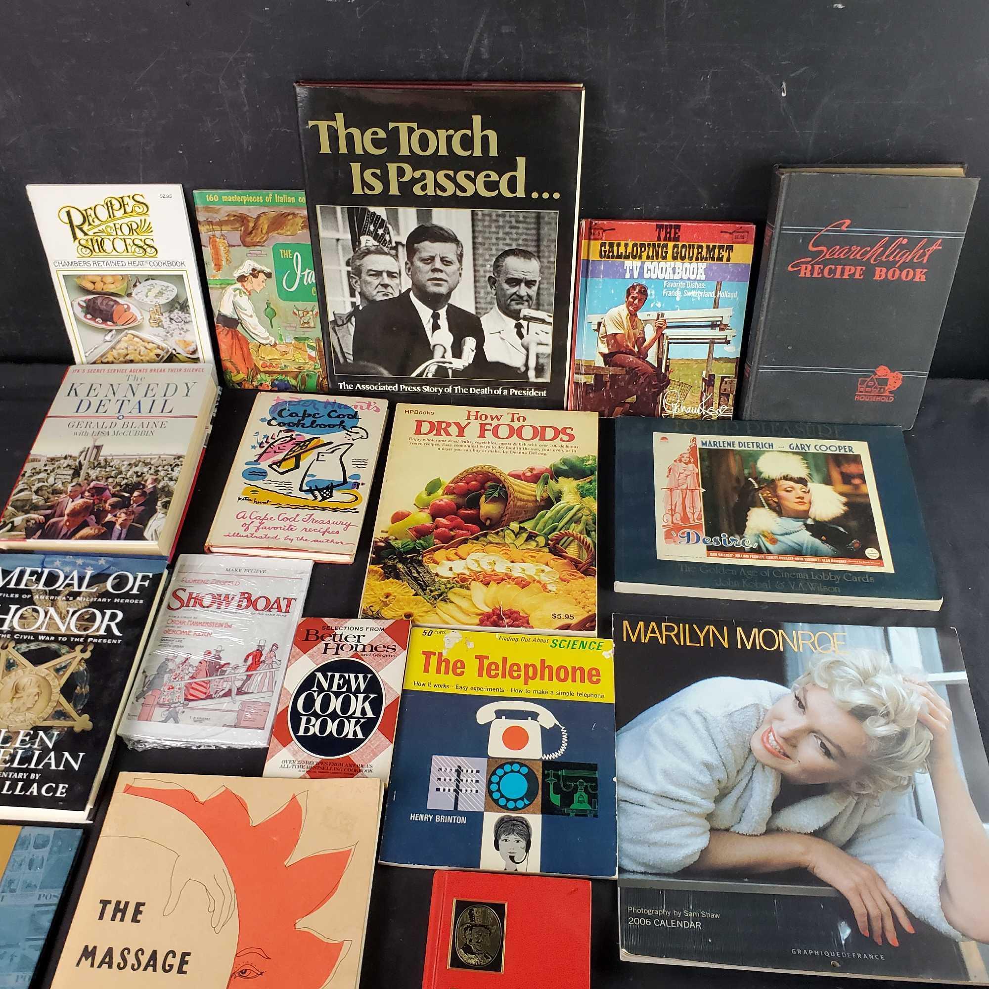 Box of mostly vintage books cook/recipe books Marilyn Monroe calander