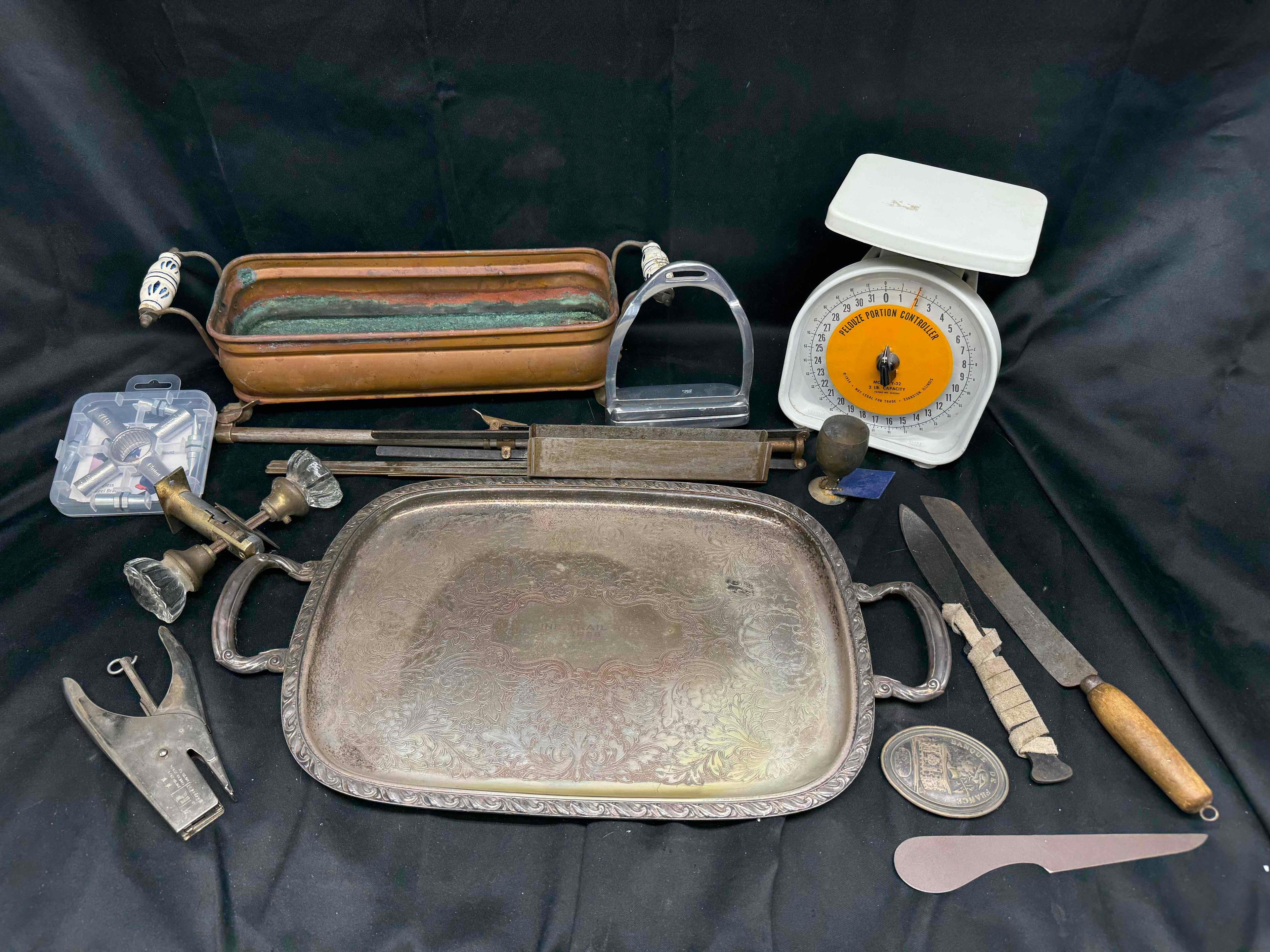 Large Lot of Assorted Metal Decor, Alpine Trail Riders Tray, Scale, more