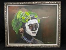 Framed Art African Native Signed MURIEL ROSTON