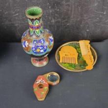 Vintage small Chinese vase/plate 2 small Chinese hand painted wooden combs small magnified glass
