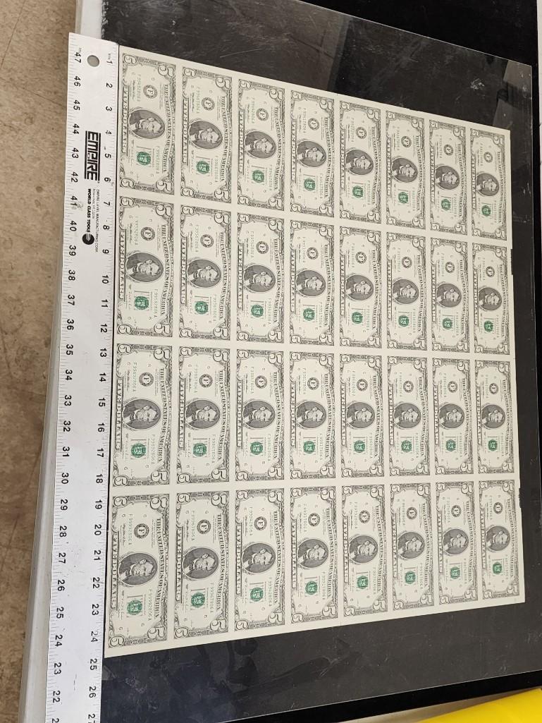 Uncut Sheet ...$5 Bills total $160 face value