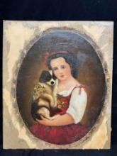 Antique Oil on Canvas Girl with Dog 13x16