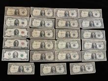 23 Total US $5, $2, & $1 Dollar Silver Certificates, Includes Star, Red Label, Blue Label and bills