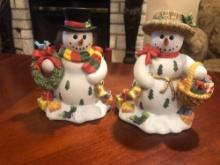 PartyLite Snowbell Taper Candle Holder 5" Pair P7649 Retired w/box Snowman/Woman - Porcelain