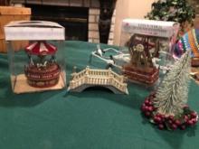 Carousel and Ferris Wheel with bridge and tree - plays Christmas music