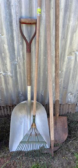 shovel, hoe, rake, aluminum scoop