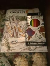 Color art, pencils, napkins, bowl, statues