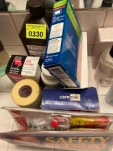peroxide, Band-Aids, ibuprofen, wrap, and safety first aid kit for car
