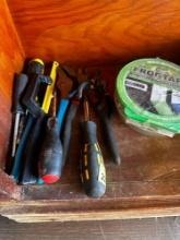 Pliers,screwdrivers, frog tape,hand saw,clamp.C