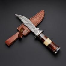 Damascus Motu Hunting Knife with 8" blade and leather sheath. New in box