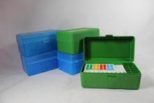 Two green and three Lt blue MTM rifle cartridge ammo boxes.