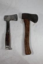Two small hatchets with leather sheaths. One Western and one Plumb. Used.