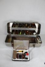 One older two tray aluminum fishing tackle box with fishing lures, etc. Used.