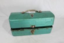 Green metal 2 tray tackle box with miscellaneous fishing lures, etc. Used.