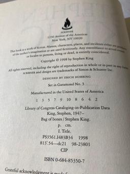 First Edition Bag Of Bones Novel By Stephen King