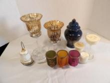 LOT OF HOME DECOR ITEMS INCLUDING VARIOUS CANDLES AND CANDLE HOLDERS, BELL, AND URN.