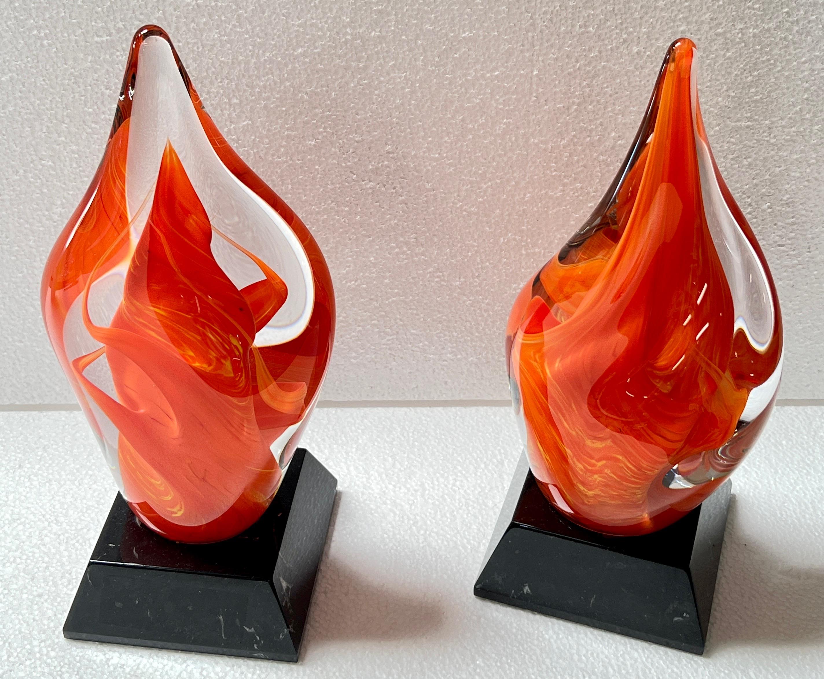 PAIR OF MARBLE BASE ART GLASS SCULPTURES