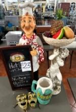 LOT OF MENU CHALK BOARD, MASKS, LARGE BEER MUG AND CHERUB WITH FRUIT STAND