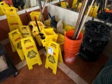 LOT OF MOP BUCKETS, CAUTION SIGNS, MOPS