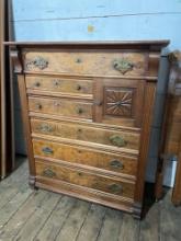 Antique Walnut Gentlemens Chest of Drawers, 6 Burl Drawers w/ Hatbox, Caster Mounted