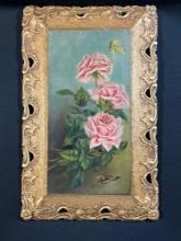Hand painted wooden framed floral picture depicting "pink roses & butterflies"