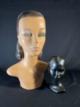 16" Chalkware manniquin bust w/ 7-1/2" bust hand painted with pewter/black paint