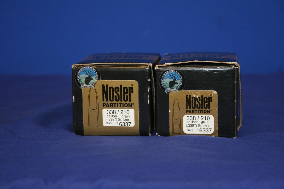 Two Boxes of Nosler 338 210 Grain Spitzer Bullets.