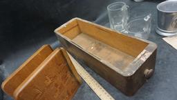 Wooden Drawer, Cream & Sugar, Beer Glass, Wilton Brass Co Cup & Napkin Holder