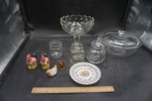 Glass Pyrex Dish W/ Lid, Jars, Glass Compote, Chicken Shakers, Chicken Figurines, Mini Basket