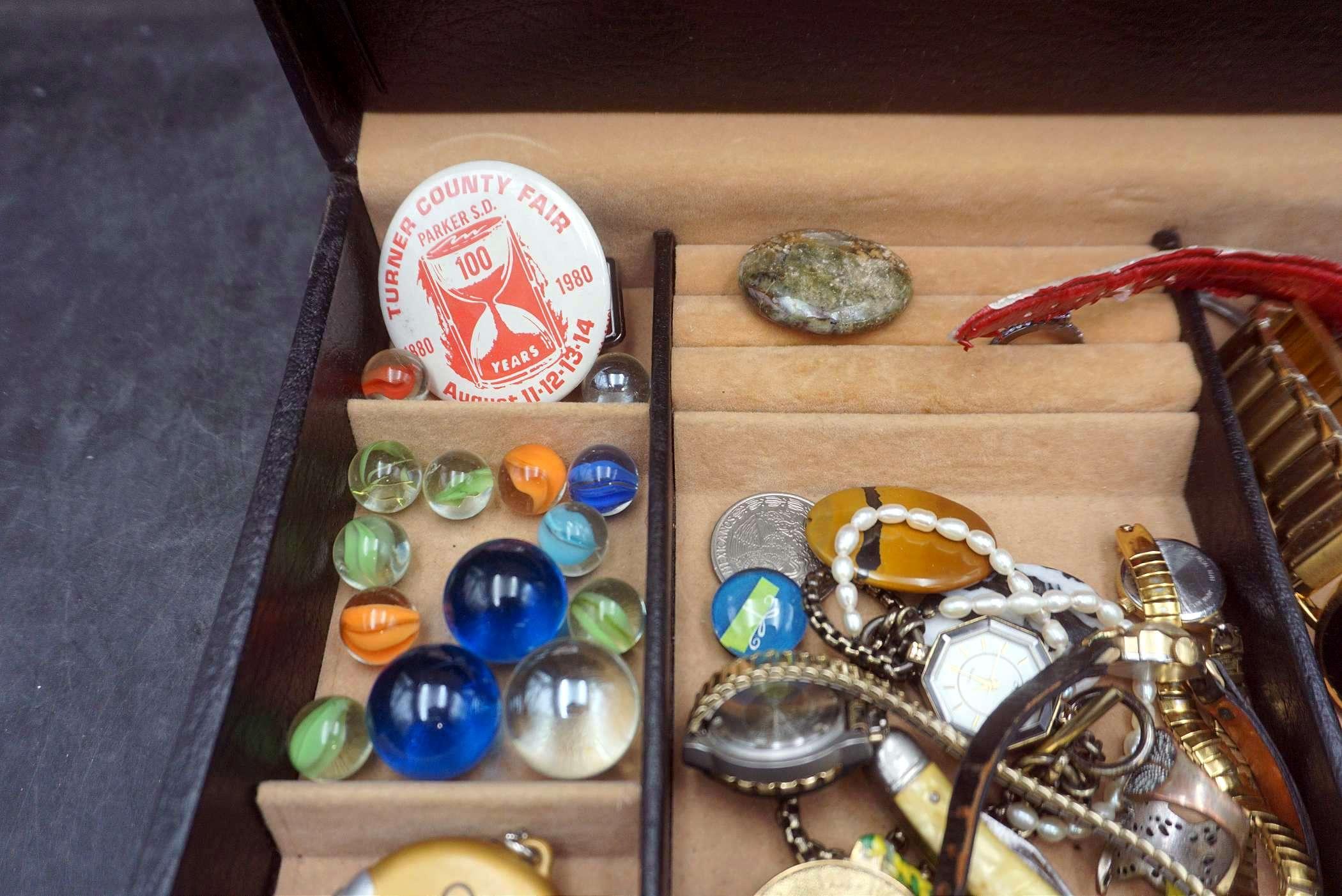 Jewelry Box W/ Marbles, Buttons, Jewelry, Watches, Stones, Knife & Keychain