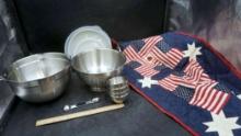 Bowl, Strainer, Lids, Measuring Cups & America Tapestry