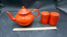 Enamel Teapot & Shakers (Small Spot Of Damage)