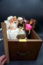 Wooden Drawer W/ Assorted Barbies & Dolls
