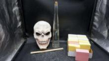Skeleton Face, Post-Its & Glass Bottle