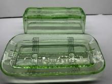 Vintage Farmhouse Hazel Atlas Criss Cross Green Glass Butter Dish W Lid