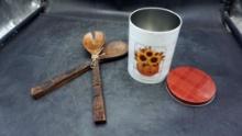 Wooden Spoons & Sunflower Tin W/ Lid