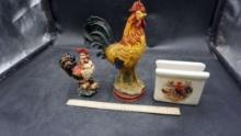 2 Chicken Statues & Chicken Napkin Holder