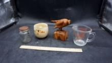 Measuring Cup, Wooden Sculpture, Glass Jar & Toothpick Cup