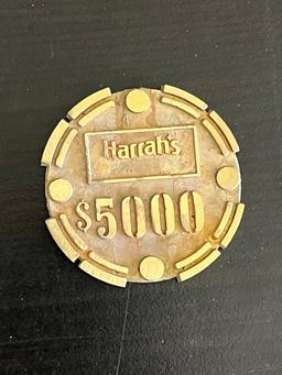 Rare $5000 Harrahs Casino Chip Brass Core From Reno/Lake Tahoe 1980s